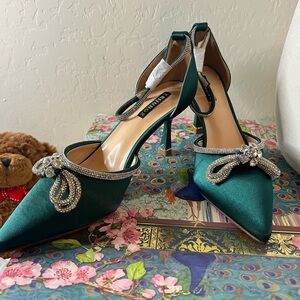 Bruno Magli Teal Satin Crystal-Trimmed Pointed Slingback Heels